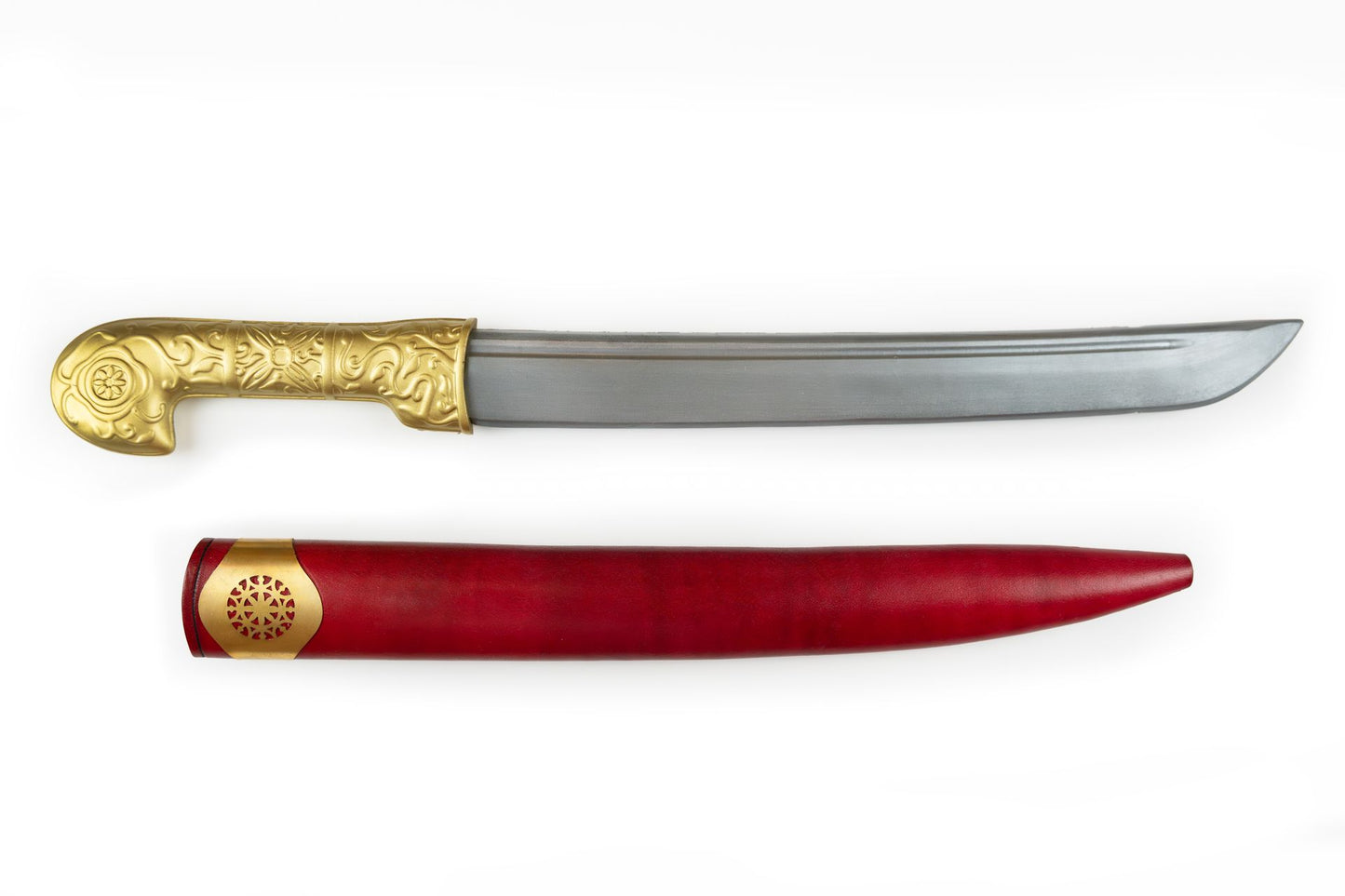 Khanjar dagger with ornate brass hilt and curved steel blade with red leather sheath