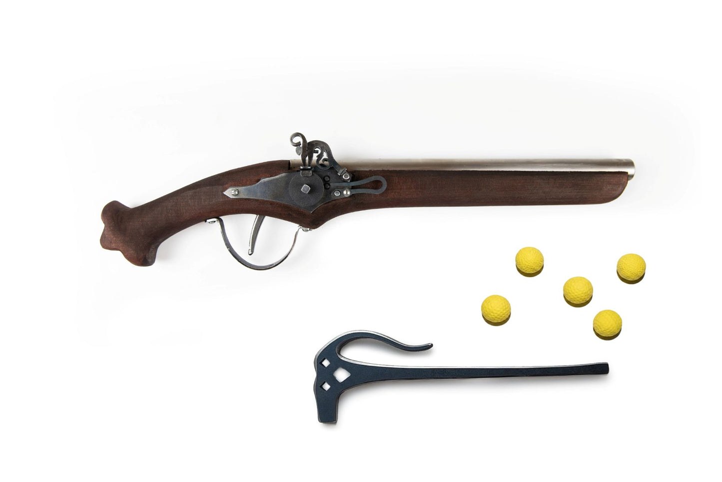 LARP blaster with yellow foam ammunition balls and steel ramrod loading tool on white background