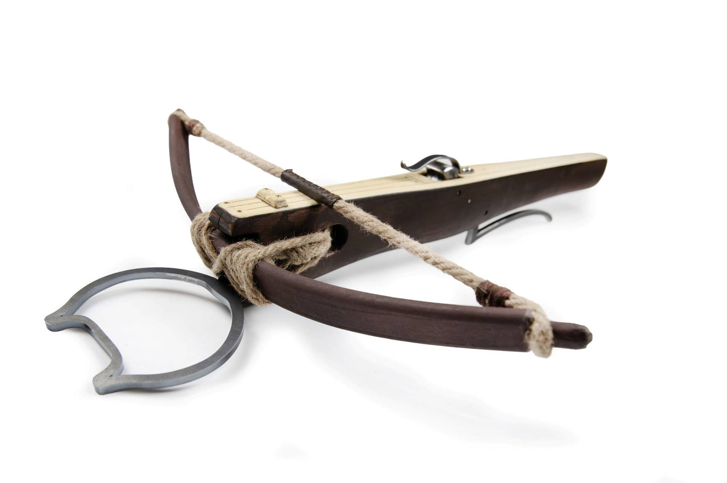 Angled view of LARP Light Crossbow with two-tone wood body and heart-shaped steel stirrup