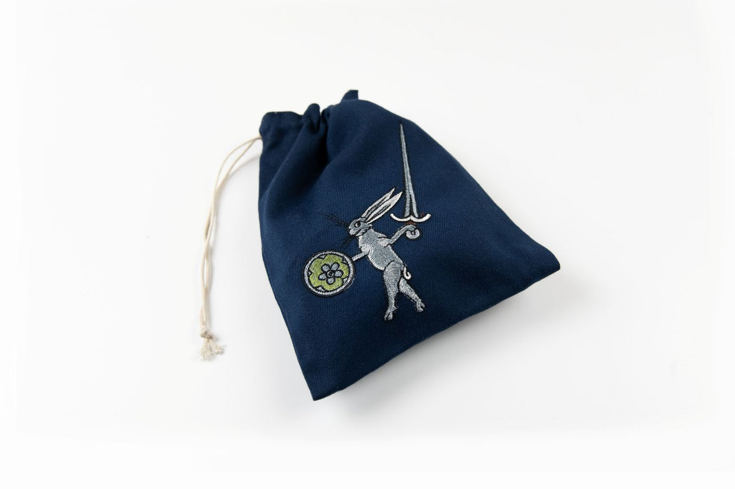 Rabbit fighter embroidered drawstring bag in blue canvas