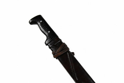 Hand-sewn dark brown leather messer knife sheath with wrapped leather cord and black wooden grip