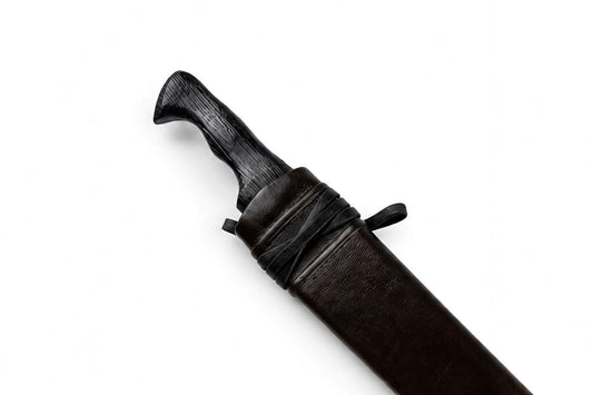 Dark brown leather falchion knife sheath with wrapped leather cord and black wooden knife grip