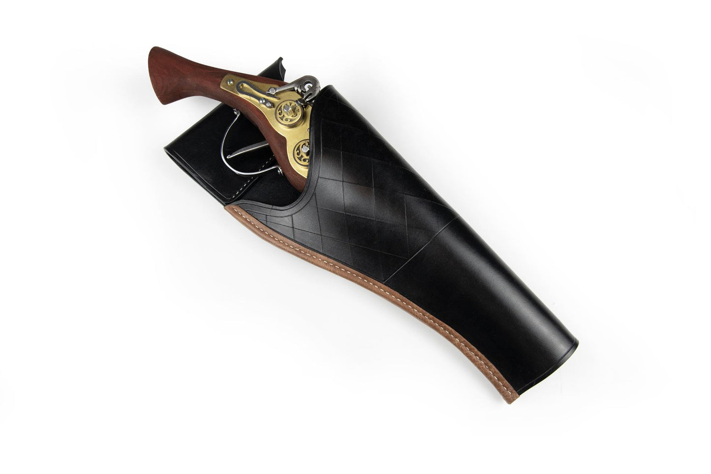 black leather over-under holster with brass inlay pistol angled view LARP weapon