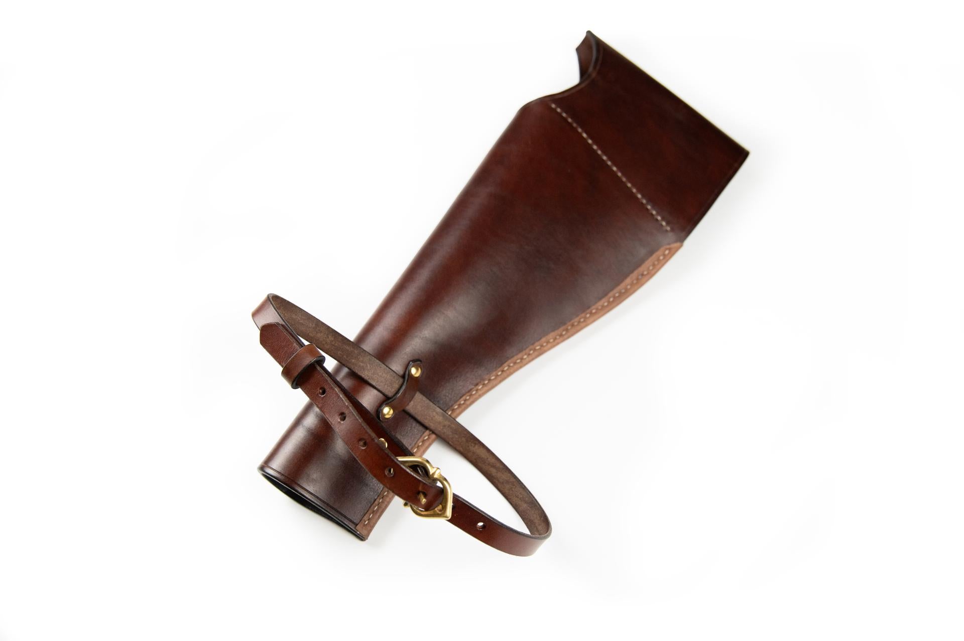 brown leather over-under holster back view with stitching details and bronze hardware