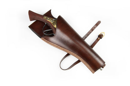 brown leather over-under holster with pistol and belt angled view