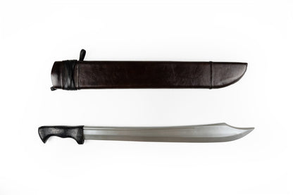 Brown leather falchion knife sheath beside the curved falchion blade it is made for