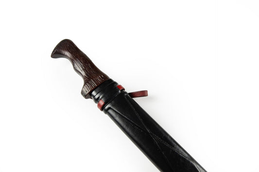 Hand-sewn black leather messer knife sheath with red leather accents and dark wooden knife grip