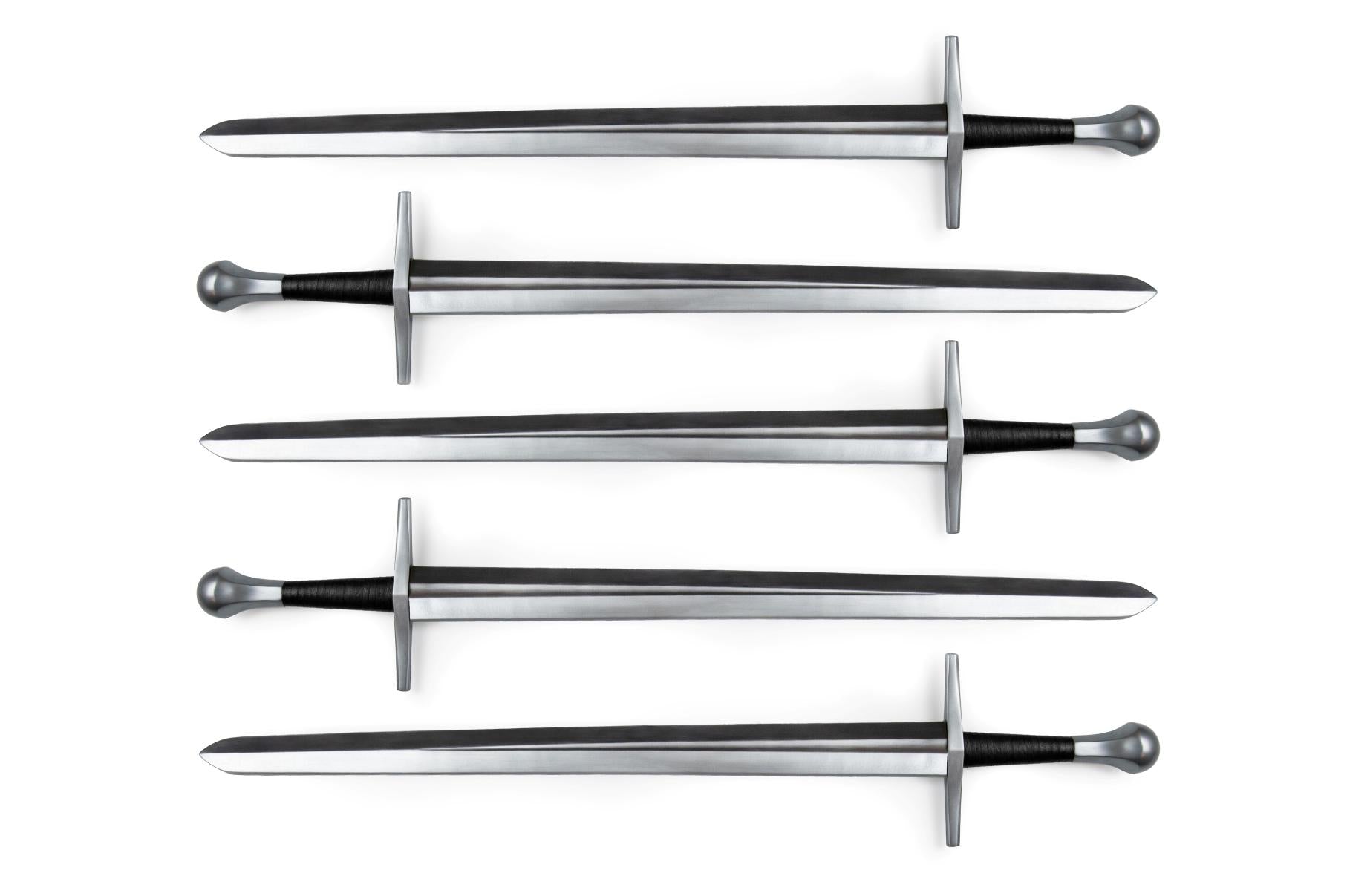 Collection of medieval single-handed swords with crossguards and black wrapped grips for LARP equipment