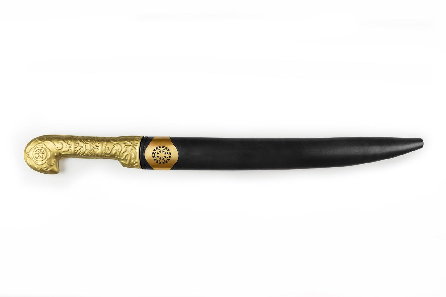 Khanjar dagger in black leather sheath with ornate brass handle and fitting