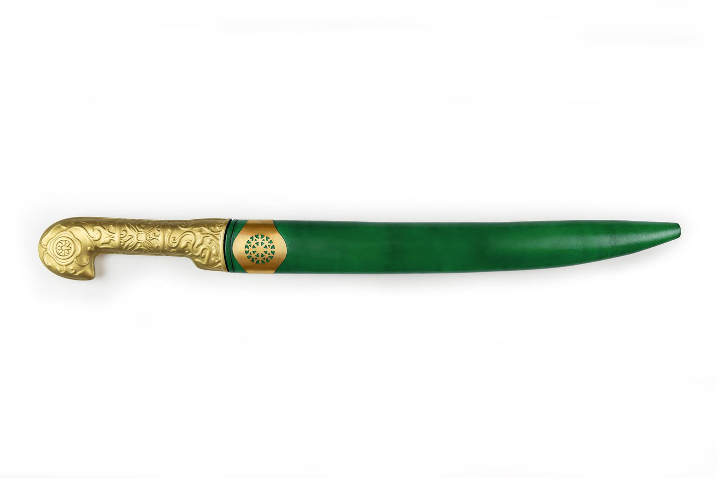 Khanjar dagger in green leather sheath with ornate brass handle and fitting
