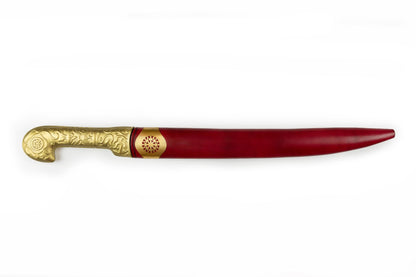Khanjar dagger in red leather sheath with ornate brass handle and fitting