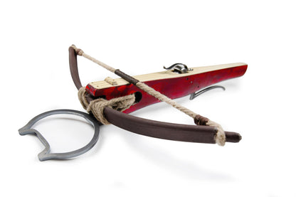 LARP Light Crossbow with red wood stain finish and heart-shaped steel stirrup