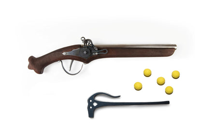 LARP blaster with yellow foam ammunition balls and steel ramrod loading tool on white background
