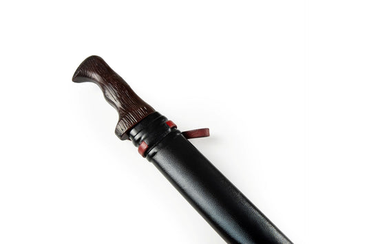 Plain black leather messer knife sheath with red leather trim and a dark wooden knife grip