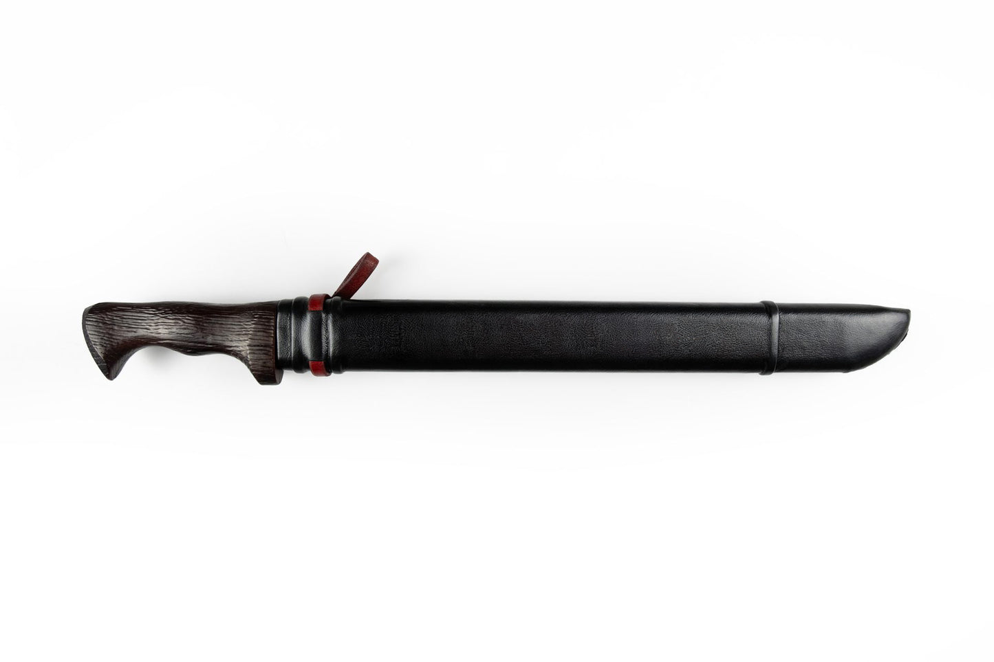 Full-length plain black leather messer knife sheath with smooth undecorated finish and red leather tie