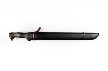 Full-length plain black leather messer knife sheath with smooth undecorated finish and red leather tie