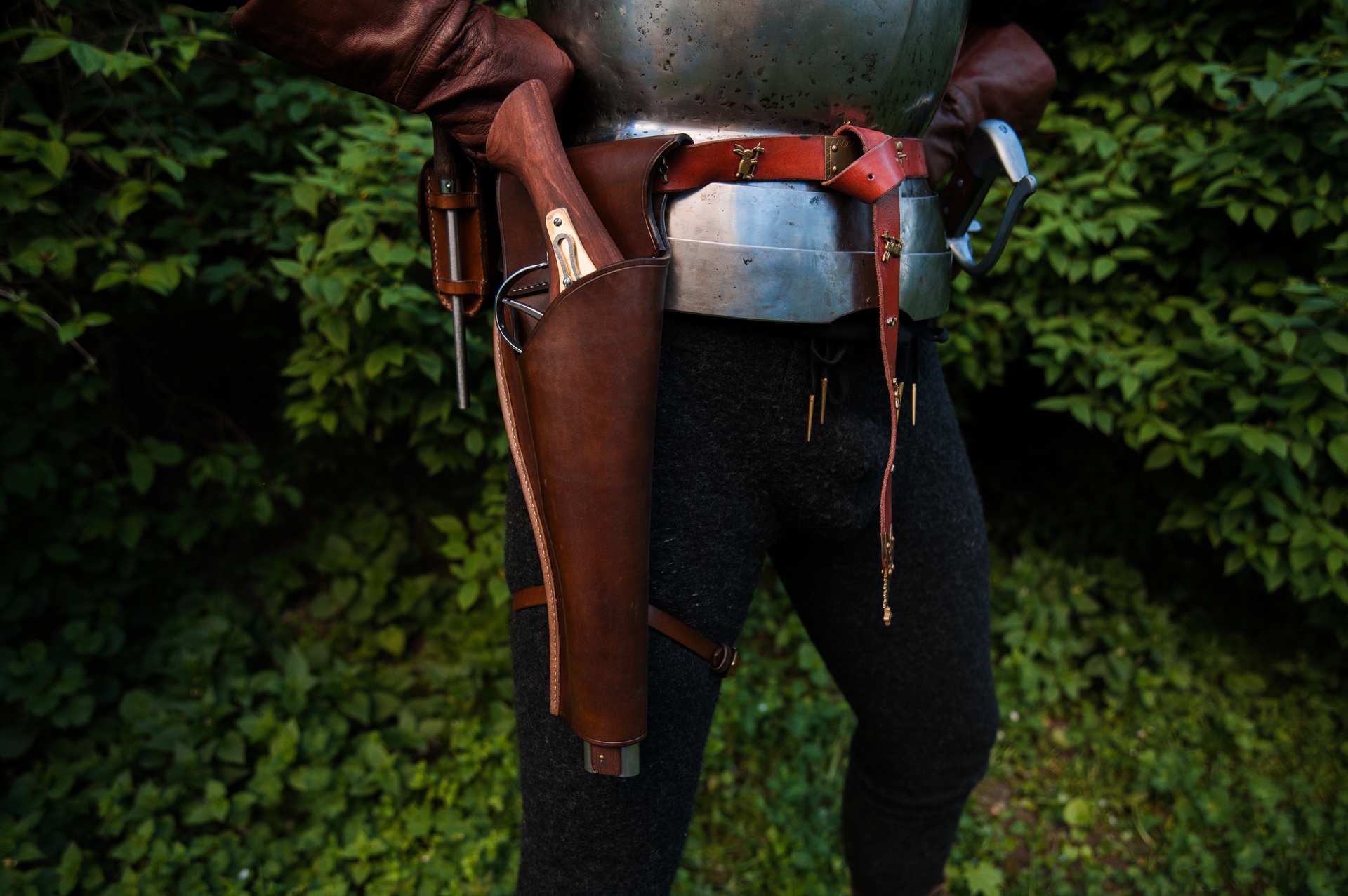 Leather holster belt with metal buckles and ornamental details LARP outfit