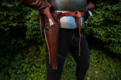 Leather holster belt with metal buckles and ornamental details LARP outfit