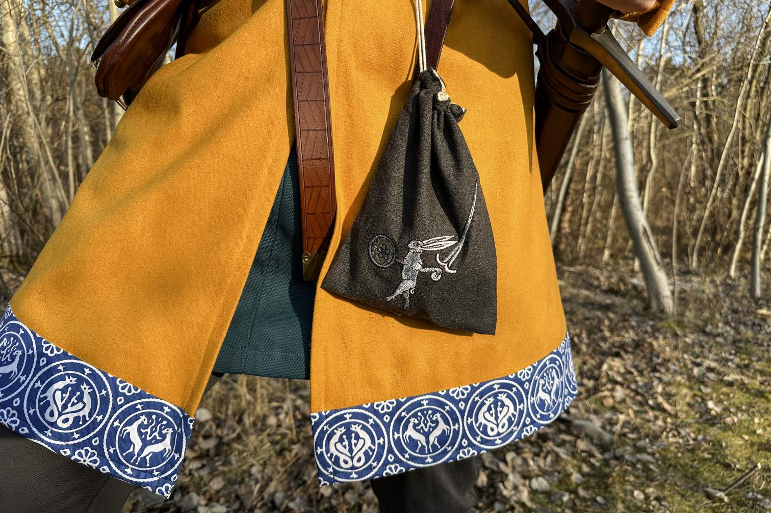 Rabbit fighter embroidered pouch bag in black canvas