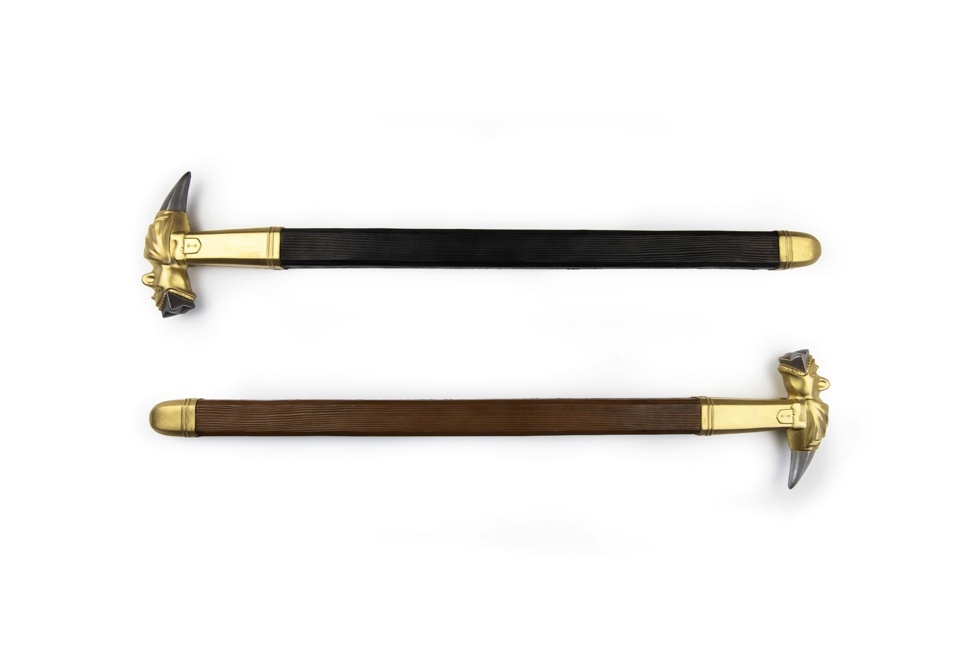 Two dragon hammer weapons with brass dragon heads and black wooden handles on white background