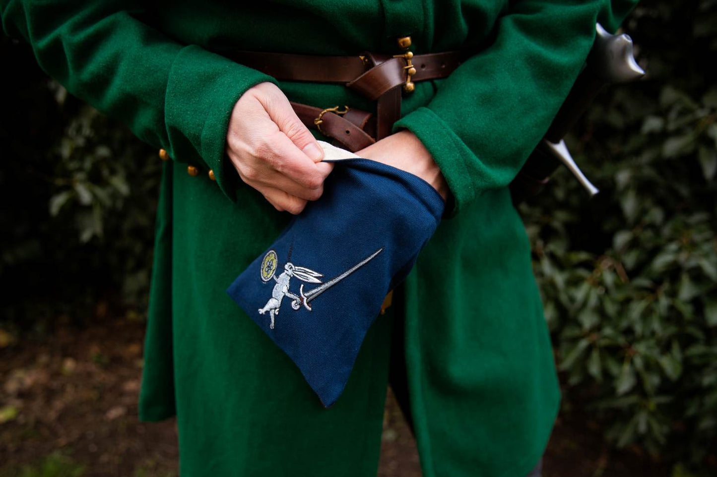 Rabbit fighter embroidered pouch bag in blue canvas