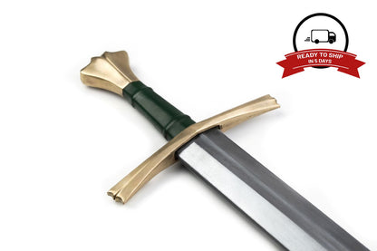 Fishtail - LARP foam medieval arming sword with brass fishtail pommel, green leather grip, and curved crossguard