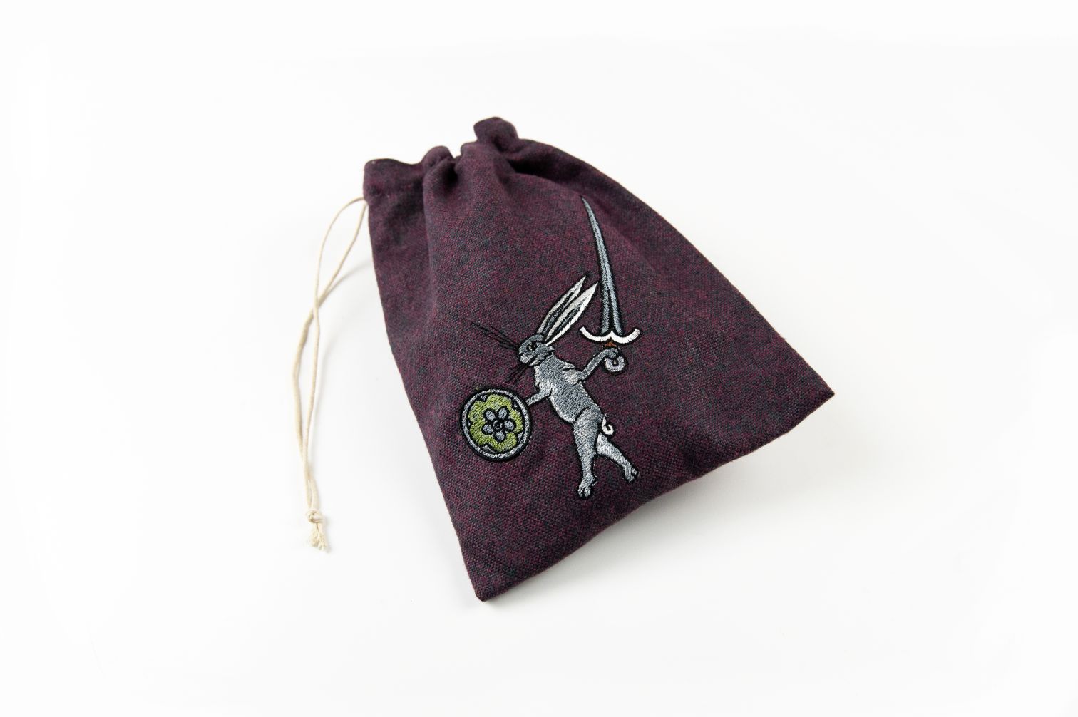 Rabbit fighter embroidered drawstring bag in purple canvas