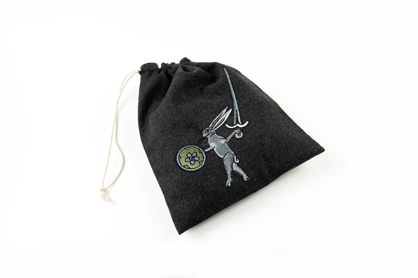 Rabbit fighter embroidered drawstring bag in black canvas