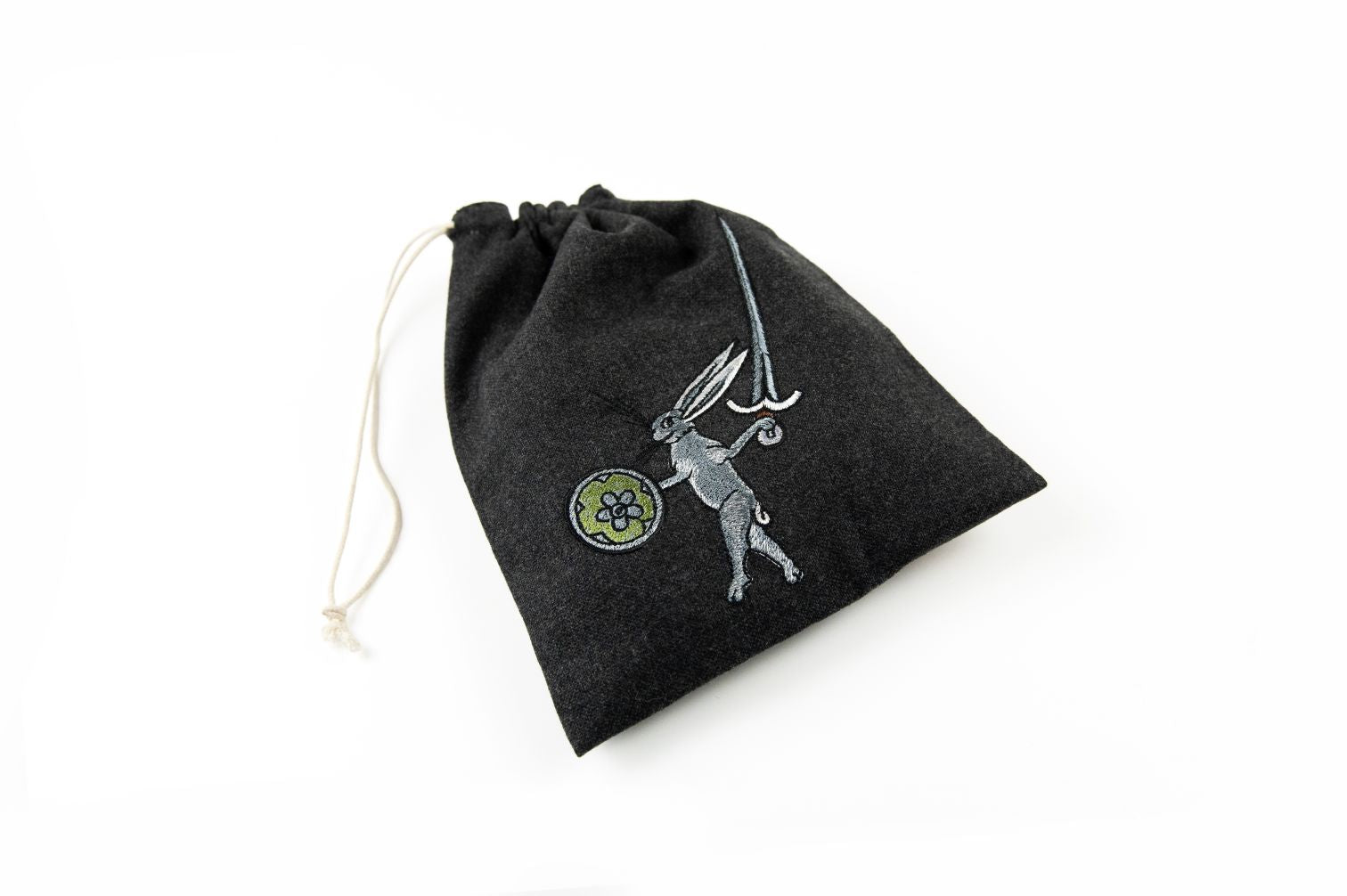 Rabbit fighter embroidered drawstring bag in black canvas
