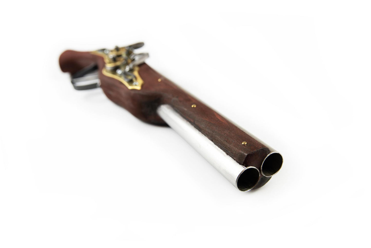 Wheellock LARP blaster double barrel muzzle detail close-up brass mechanisms medieval